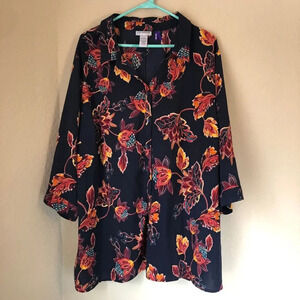 Catherine's Buttoned Up Top Womens 3X WP Navy Blue Floral Print 70s Maximalist
